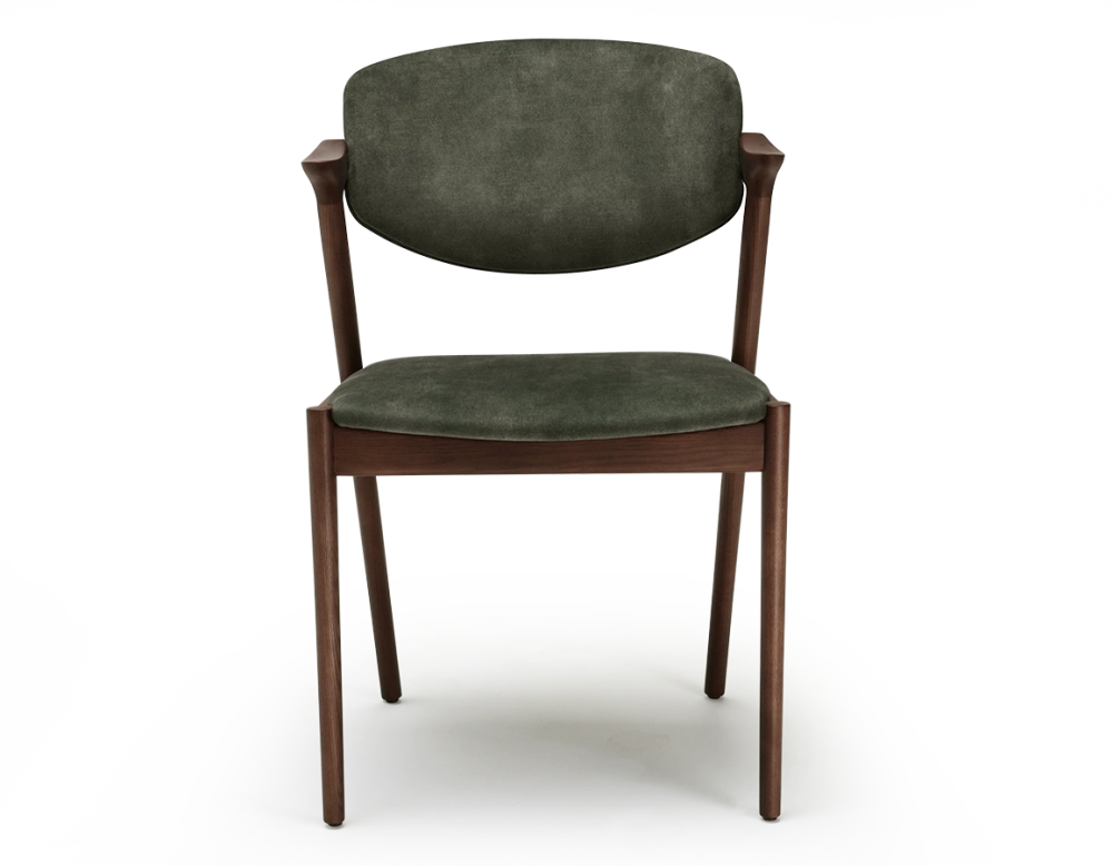 Scandinavian chair dark brown stained wood with forest green velvet seat.