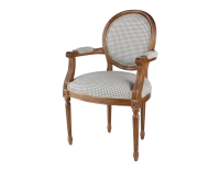 Fauteuil ancien style Louis XVI bois teinte ancienne et tissu pied de poule blanc et taupe