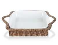 Plat porcelaine carré avec support en fleur de rotin grand modèle