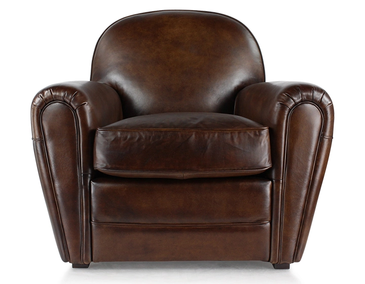 Sillón club de piel marrón intenso reposabrazos ribete