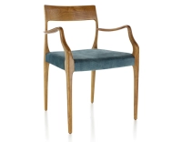 Chaise scandinave avec accoudoirs bois teinte merisier assise tissu velours bleu pétrole