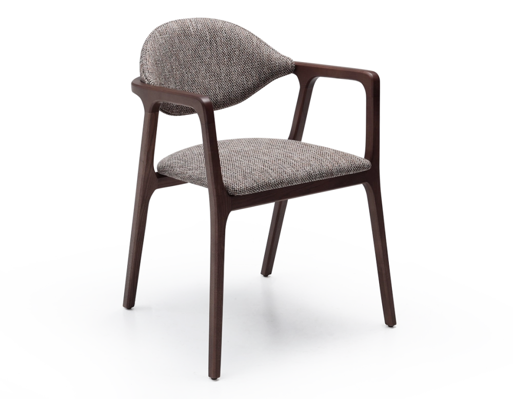 Chaise design avec accoudoirs bois teinte foncée et tissu chiné marron