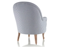 Fauteuil crapaud avec accoudoirs pieds bois teinte noyer et tissu pied-de-poule bleu et blanc