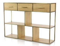 Console design frêne teinte naturelle et métal patine laiton
