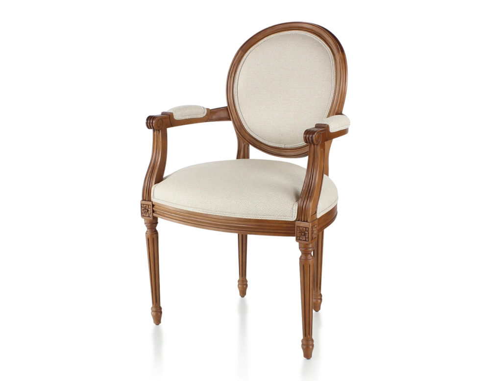 Chaise ancienne style Louis XVI avec accoudoirs bois teinte ancienne et tissu chevron beige