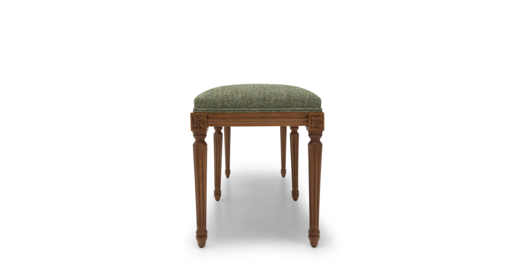 Banquette ancienne style Louis XVI bois teinte ancienne et tissu chiné vert
