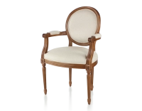 Chaise ancienne style Louis XVI avec accoudoirs bois teinte ancienne et tissu chevron beige