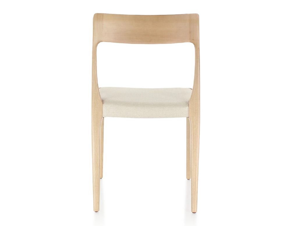 Scandinavian chair natural stained wood, beige chevron fabric seat