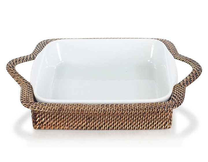 Plat porcelaine carré avec support en fleur de rotin moyen modèle