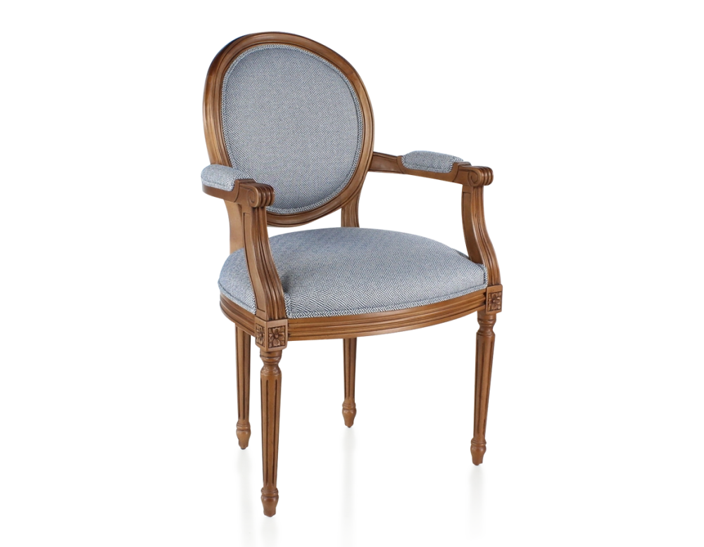 Silla antigua estilo Luis XVI con reposabrazos madera con tinte envejecido y tejido chevron azul