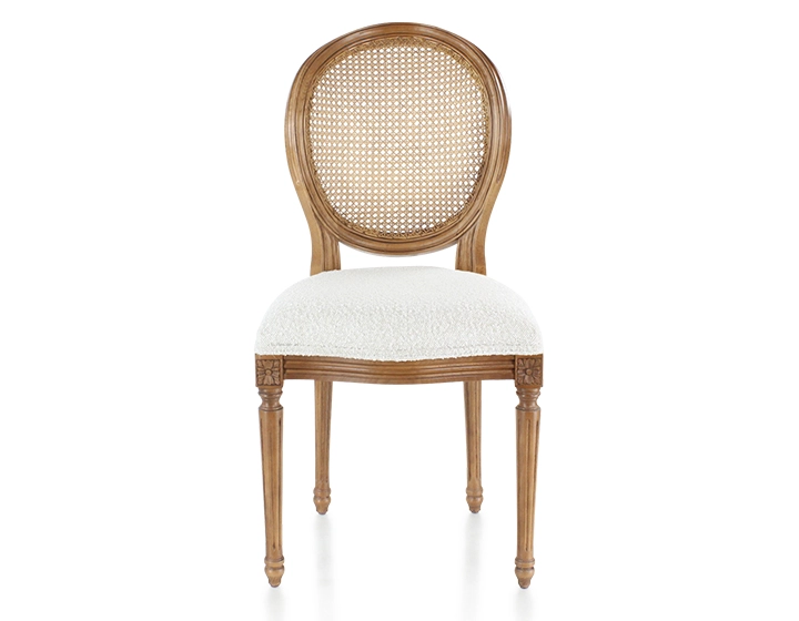 Chaise ancienne style Louis XVI bois teinte ancienne dossier canné assise tissu bouclé blanc