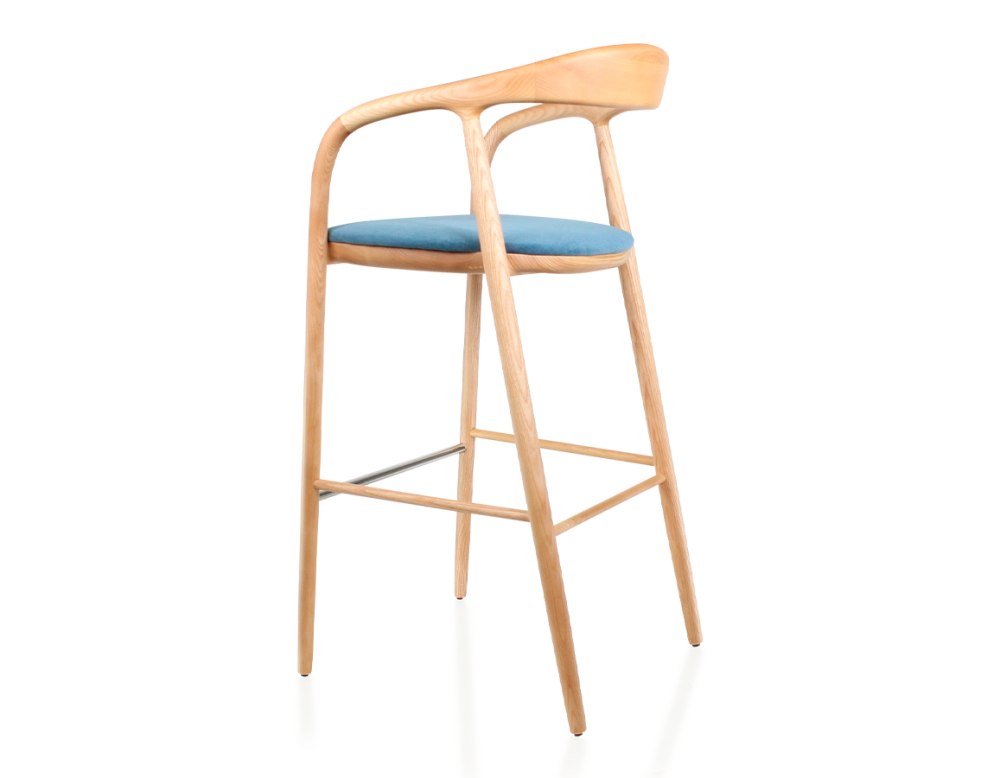 Tabouret de bar h80 cm teinte naturelle assise tissu bleu jean bois teinte naturelle et tissu bleu jean