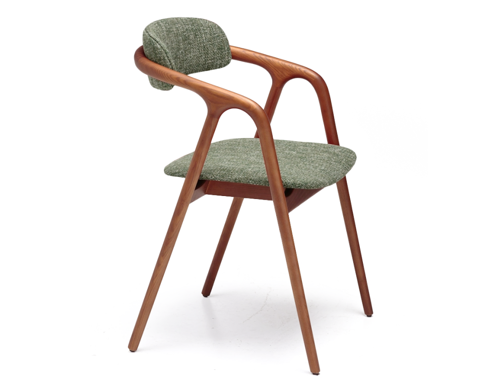 Chaise scandinave bois teinte merisier assise tissu beige chiné vert