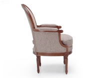 Fauteuil bergère mouluré style Louis XVI bois teinte ancienne et tissu chiné beige, gris et orange