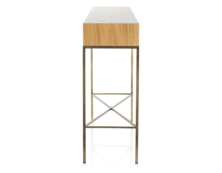 Consola de diseño fresno tinte natural y metal pátina latón 100 cm