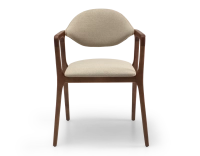 Chaise design avec accoudoirs bois teinte marron foncé et tissu taupe
