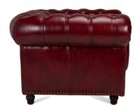 Fauteuil Chesterfield cuir rouge carmin accoudoirs cloutés