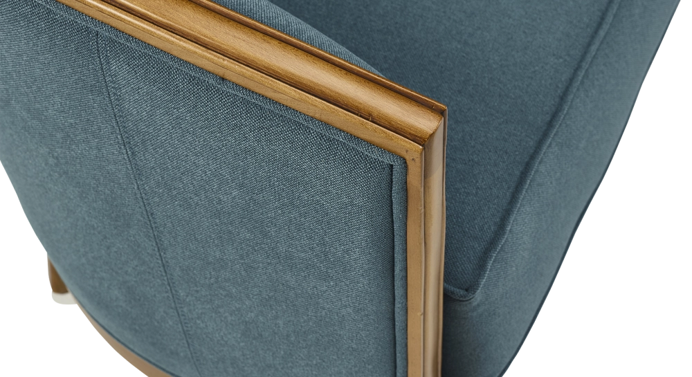 Antique 3 seater sofa with moulded armrests antique stained wood and ocean blue fabric