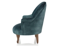 Sillón crapaud con reposabrazos patas de madera tinte nogal y tejido terciopelo azul petróleo