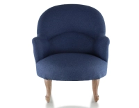 Fauteuil crapaud avec accoudoirs pieds bois teinte noyer et tissu bleu marine