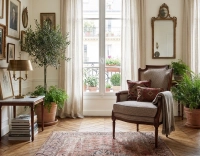 Sillón bergère estilo Luis XVI bois teinte ancienne et tissu chiné beige, gris et orange