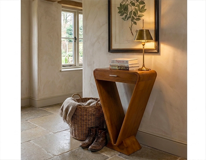 Console art déco simple tiroir bois teinte merisier