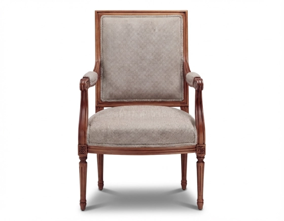 Fauteuil ancien style Louis XVI bois teinte ancienne et tissu chiné beige, gris et orange