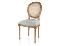 Antique Louis XVI style chair wood stained old caned back light grey fabric seat