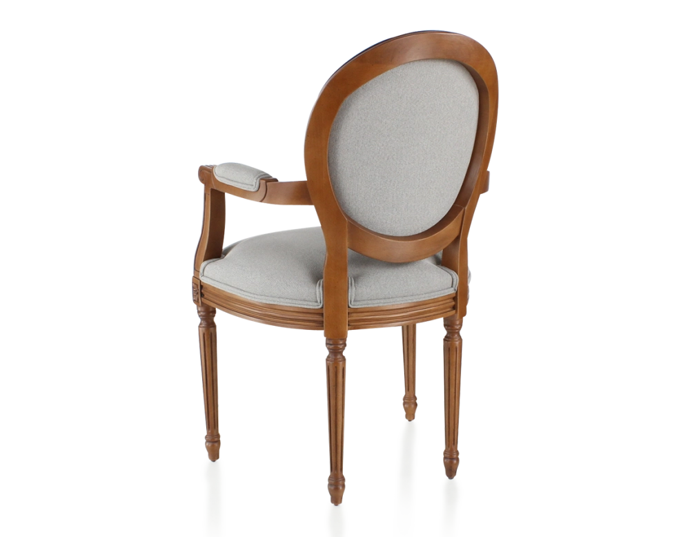 Chaise ancienne style Louis XVI avec accoudoirs bois teinte ancienne et tissu gris clair