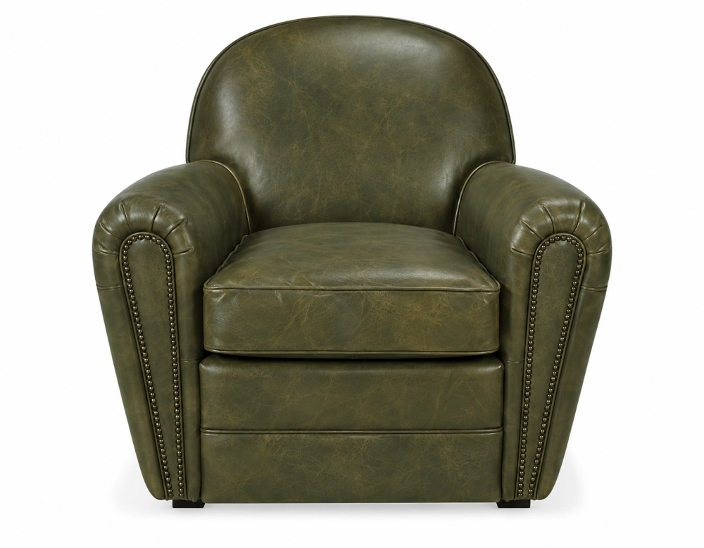 Fauteuil club cuir vert olive accoudoirs cloutés