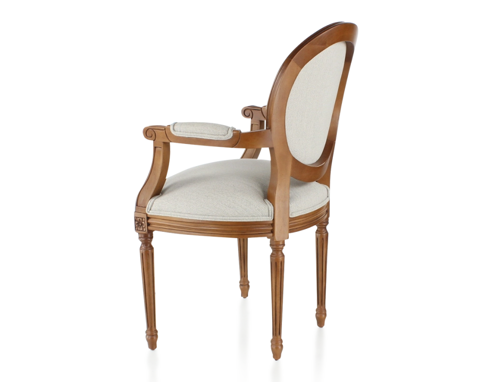 Chaise ancienne style Louis XVI avec accoudoirs bois teinte ancienne et tissu beige naturel