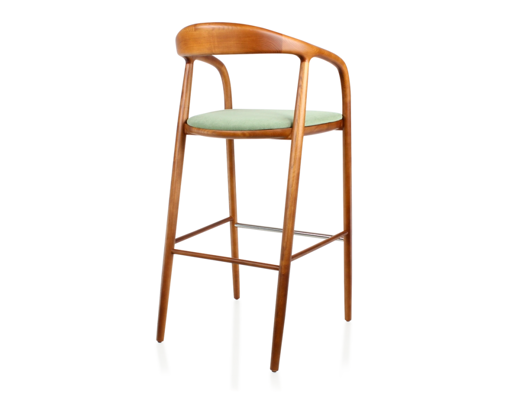 Tabouret de bar h80 cm teinte merisier assise tissu vert bois teinte merisier et tissu vert