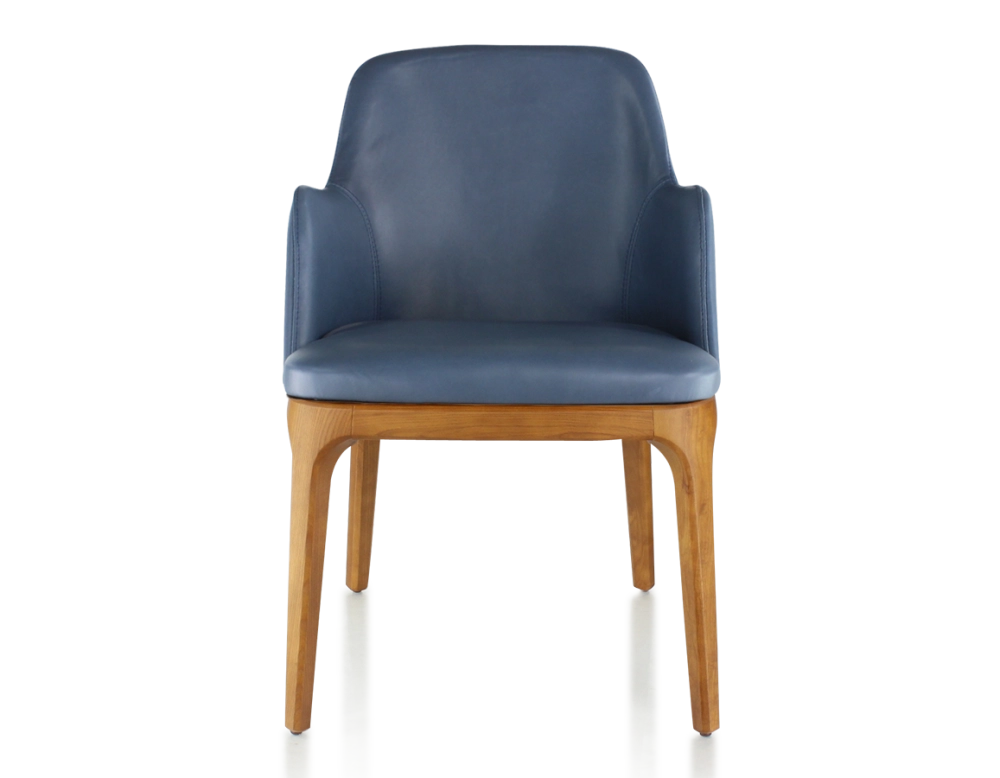 Designer chair with armrests cherry-stained wood and storm blue leather