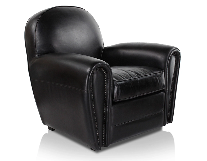 Fauteuil club cuir noir accoudoirs cloutés