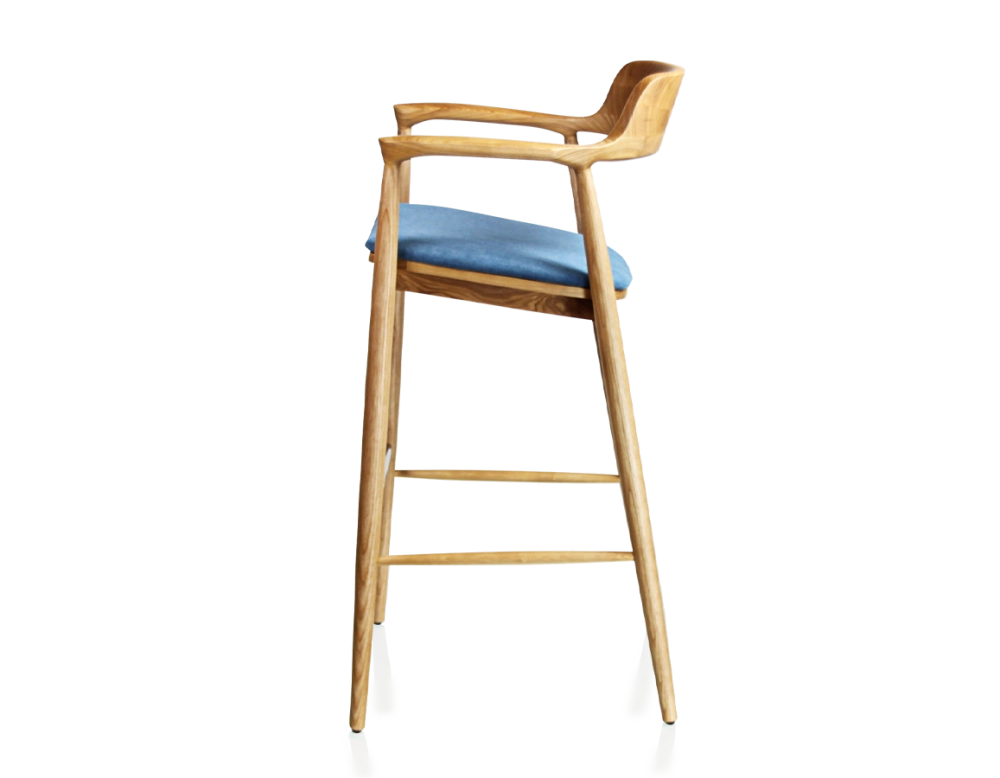 Taburete de bar h80 cm madera tinte natural asiento tejido azul vaquero