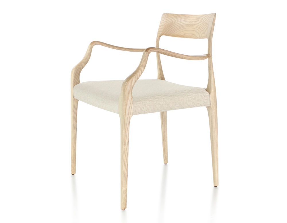 Chaise scandinave avec accoudoirs bois teinte naturelle assise tissu chevron beige