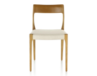 Chaise scandinave bois teinte merisier assise tissu chevron beige