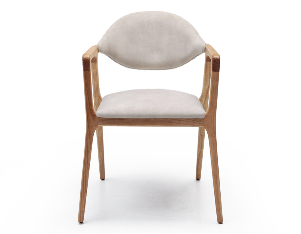 Chaise design avec accoudoirs bois teinte naturelle et tissu velours sable