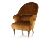 Fauteuil crapaud avec accoudoirs pieds bois teinte noyer et tissu velours bronze haut dossier