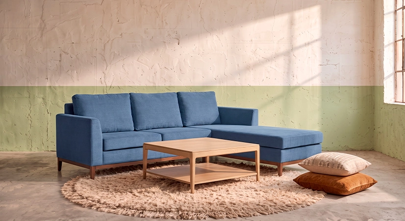 Canapé d'angle méridienne droite 4 places tissu bleu jean (2G - MD)