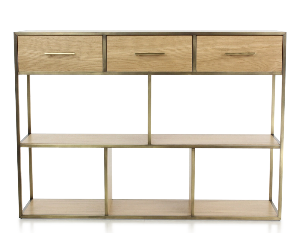 Console design frêne teinte naturelle et métal patine laiton