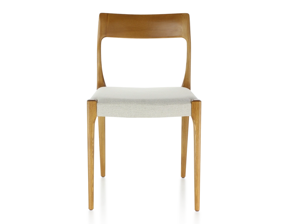 Chaise scandinave bois teinte merisier assise tissu beige naturel