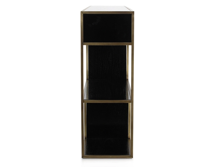 Console design frêne laqué noir et métal patine laiton