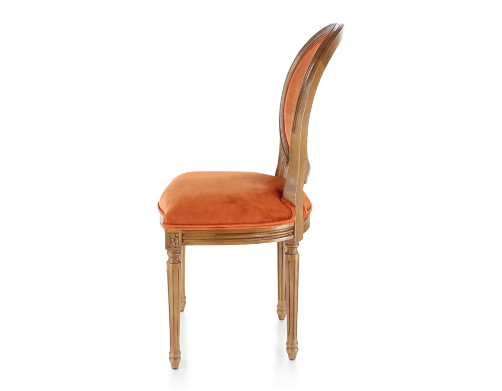 Antique Louis XVI style chair wood in antique stain and terracotta velvet fabric