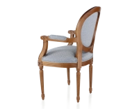 Silla antigua estilo Luis XVI con reposabrazos madera con tinte envejecido y tejido chevron azul