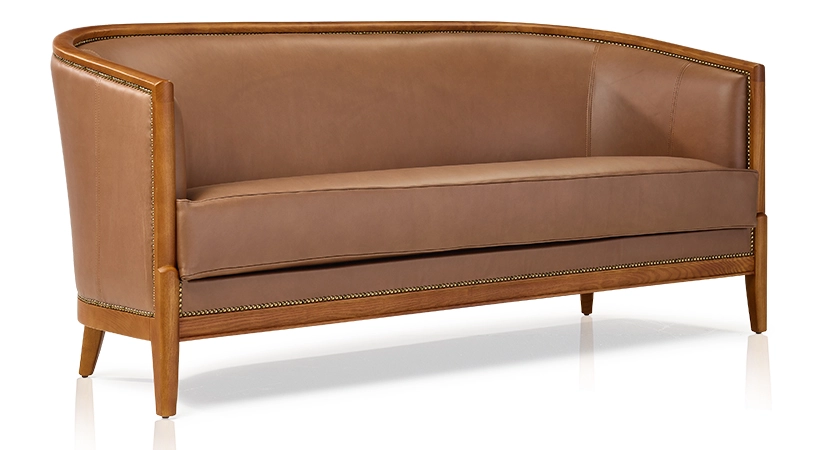 Antique 3 seater sofa cherry-stained wood and hazelnut leather
