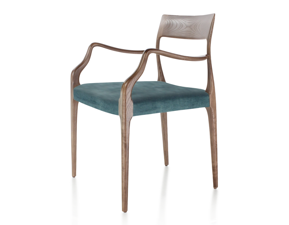 Scandinavian armchair with armrests dark brown stained wood, petrol blue velvet seat