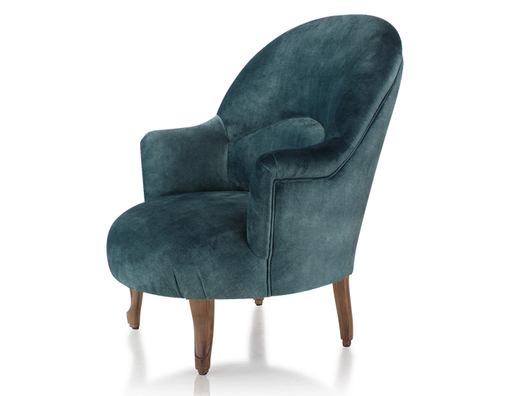Sillón crapaud con reposabrazos patas de madera tinte nogal y tejido terciopelo azul petróleo