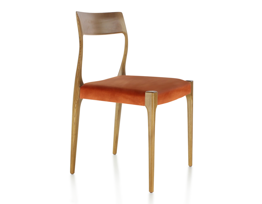 Chaise scandinave bois teinte merisier assise tissu velours terracotta