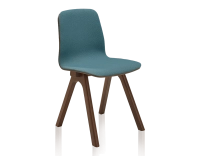 Chaise design en chêne tapissé bois teinte marron foncé assise tissu bleu océan